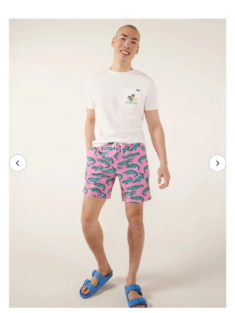 chubbies Pink Swim Board Shorts with Green Crocodile Print